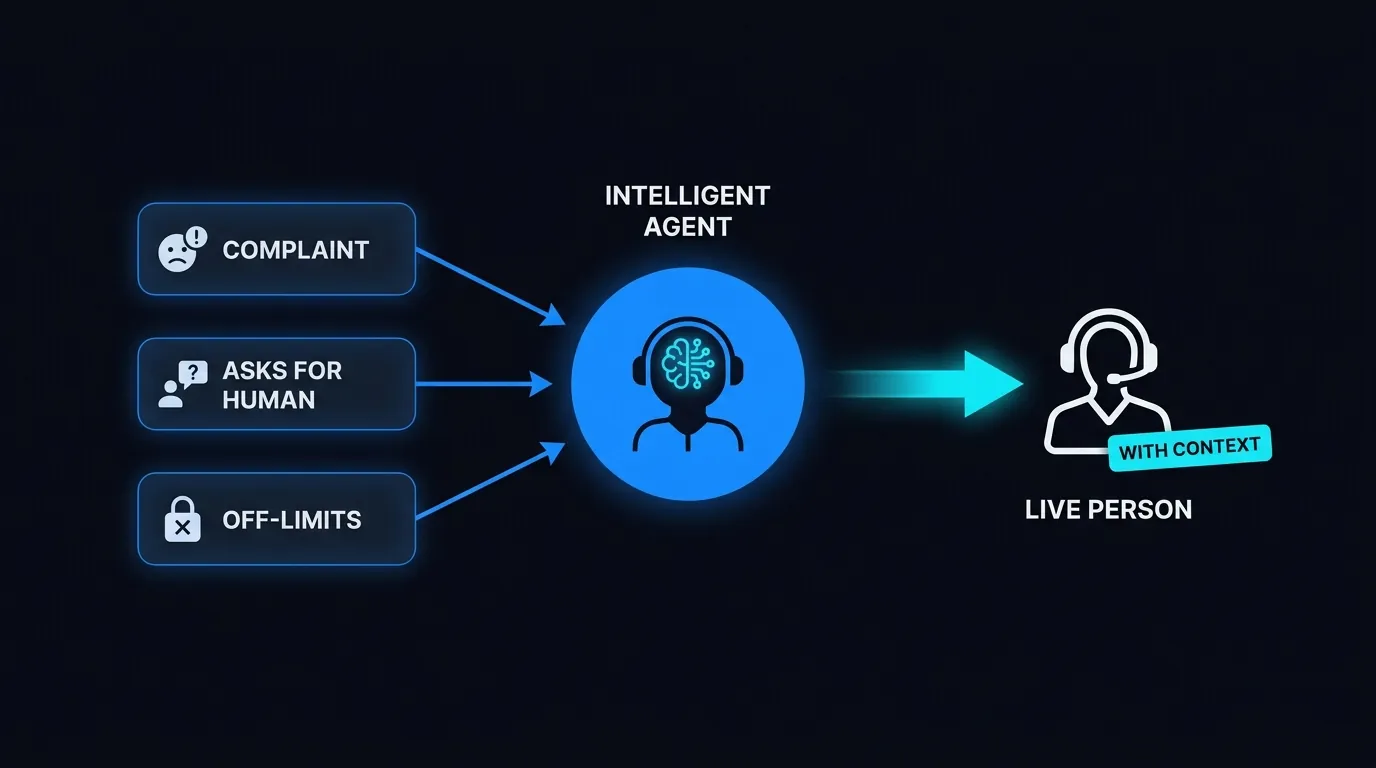 Flow showing an agent routing a complaint and a human request to a live person with context