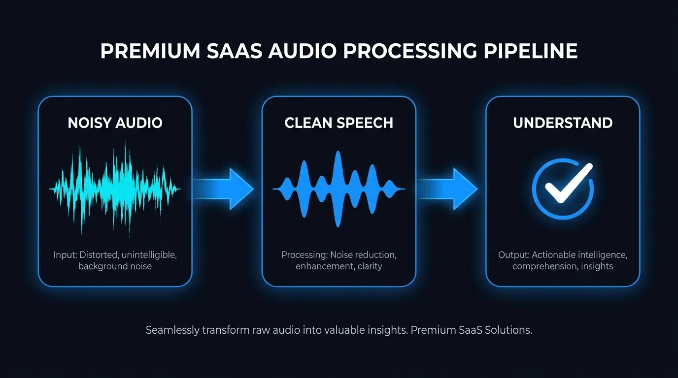 Diagram of a noisy call signal being cleaned and understood before the agent replies