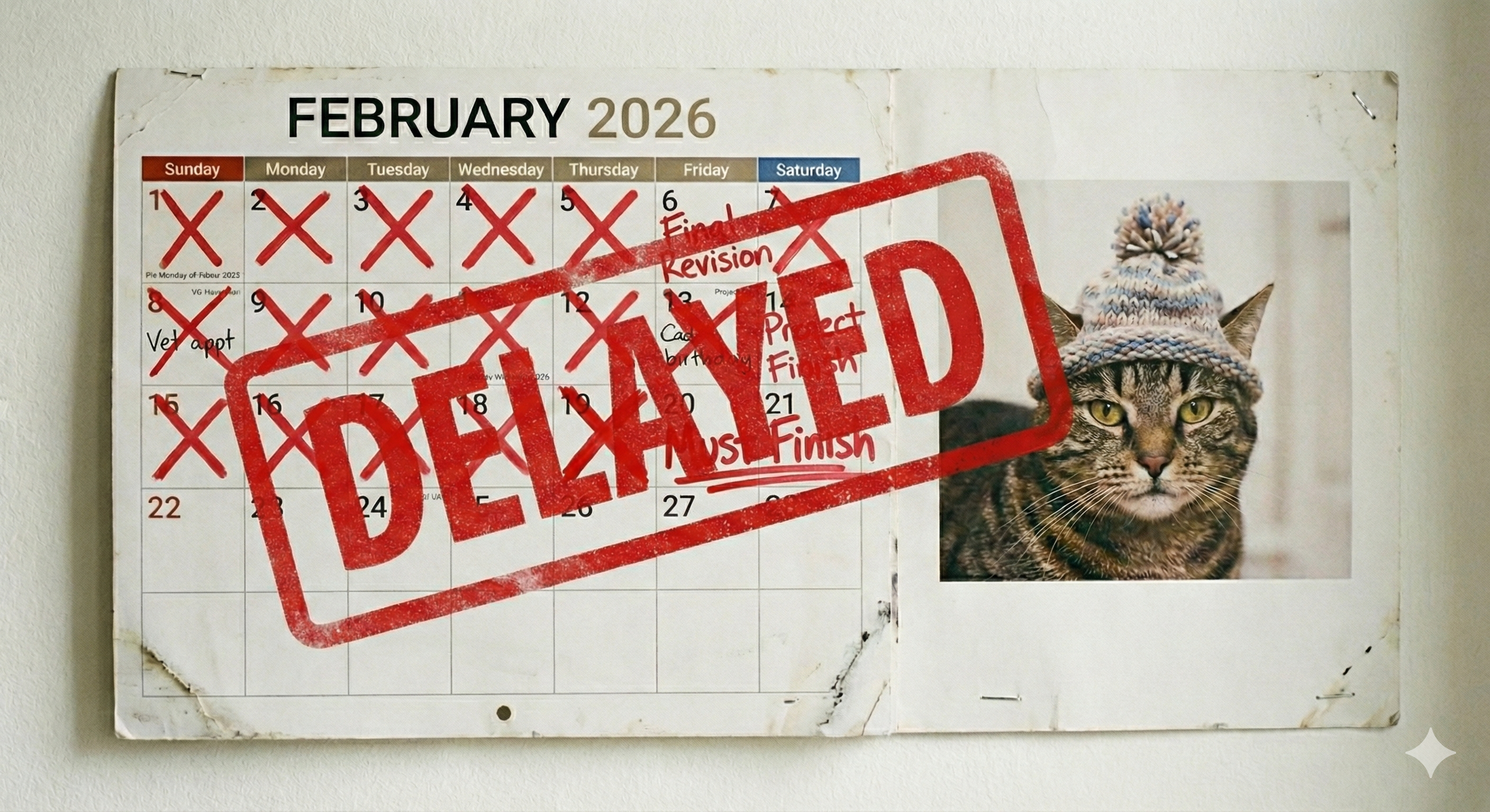 February 2026 calendar covered in red X marks and a big DELAYED stamp - the reality of traditional project timelines