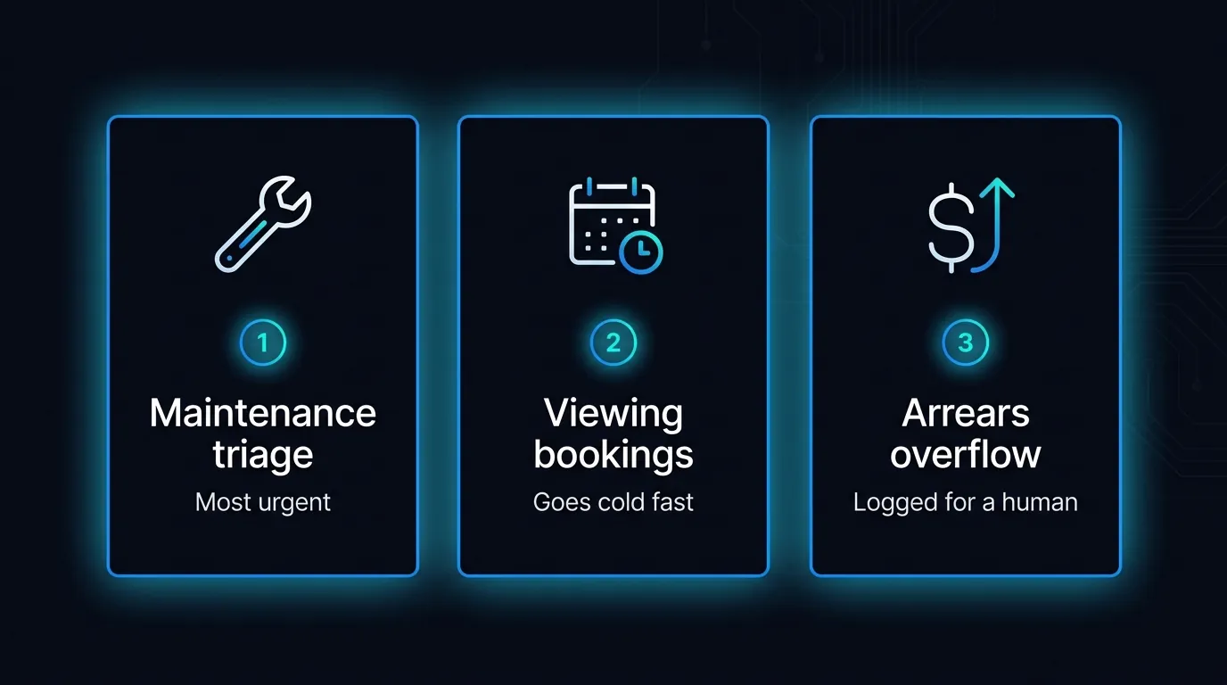 Three jobs an AI property answering service handles: maintenance triage, viewing bookings, and arrears overflow