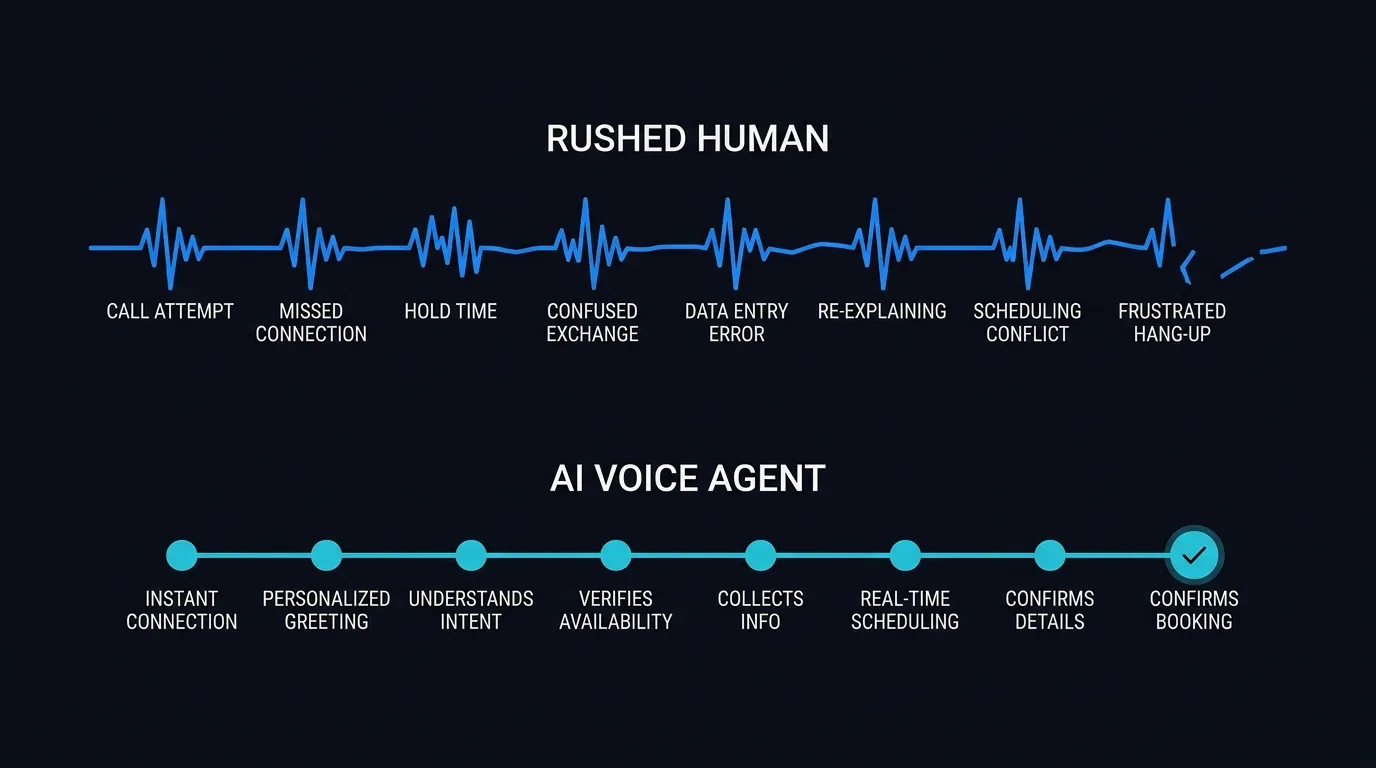 Side by side timeline comparing a rushed human call with a calm paced AI voice agent call of the same length