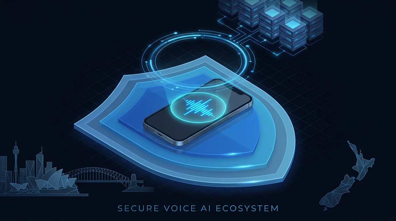 Waboom AI security pillar hero: secure trans-Tasman voice AI deployment with layered shields, Sydney and New Zealand context