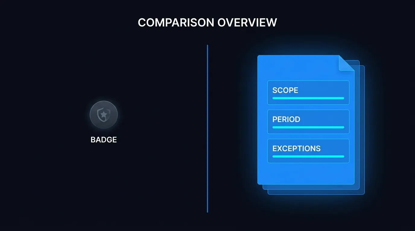 Comparison of an empty SOC 2 badge against an open SOC 2 report showing scope, period and exceptions sections