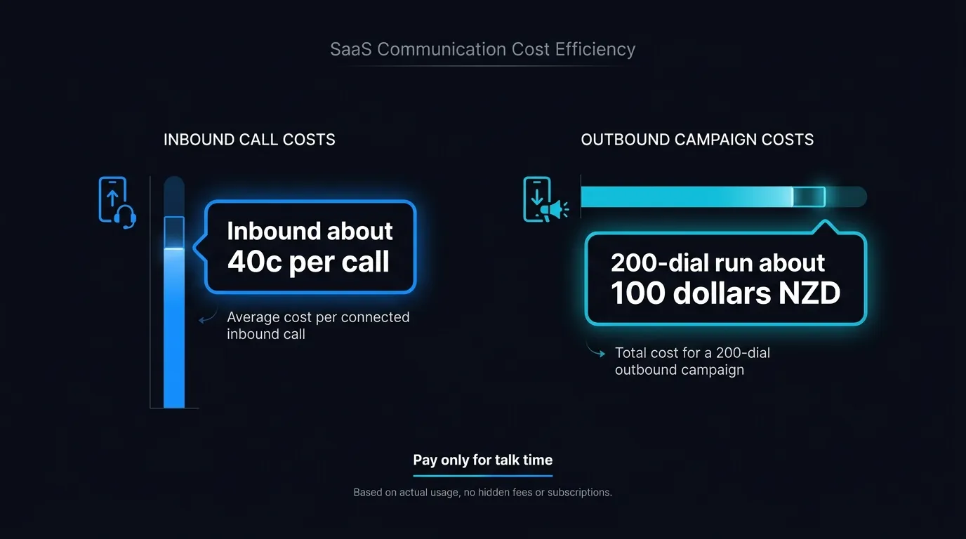 Per-second call economics chart for an AI virtual call centre showing inbound and outbound costs in NZD