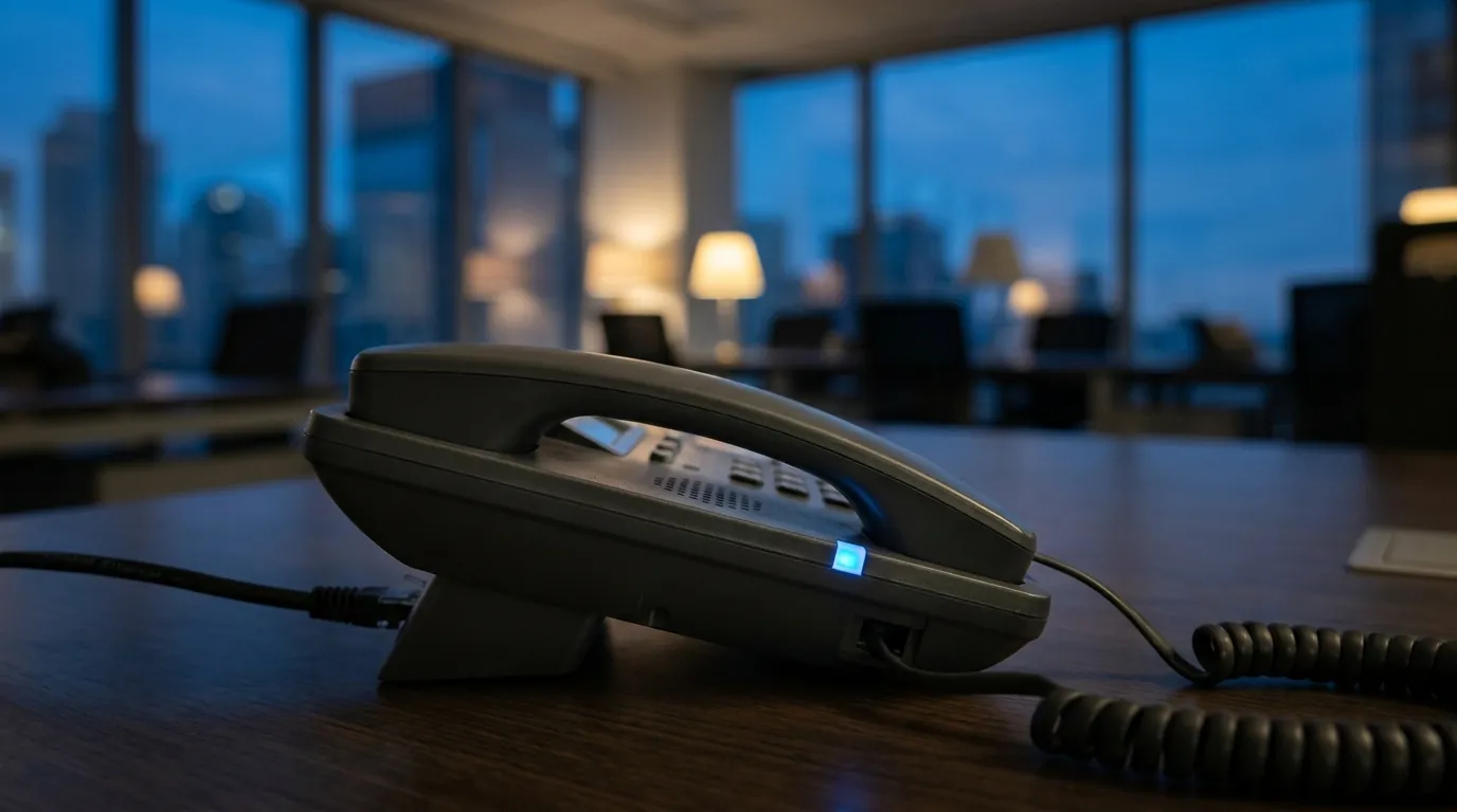 A VoIP desk phone routing a call over an internet connection in an empty evening office