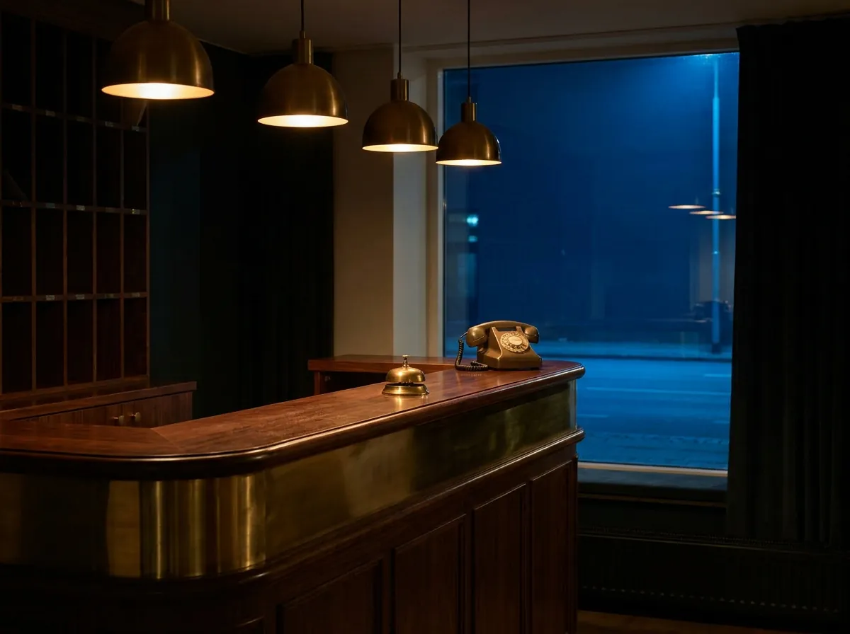 An unstaffed boutique hotel front desk late at night where after-hours booking calls go unanswered