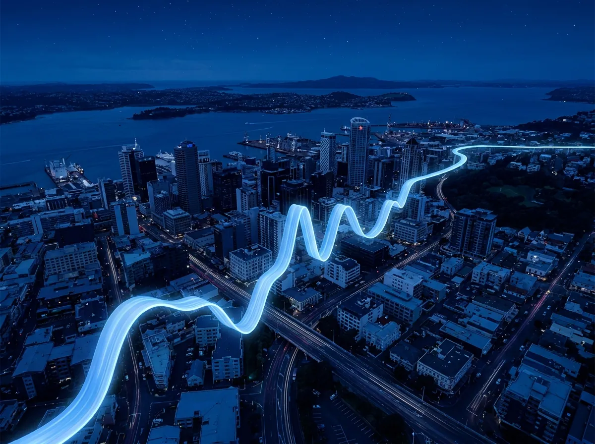 A glowing blue voice waveform flowing over a New Zealand city at night representing an AI voice agent answering calls around the clock