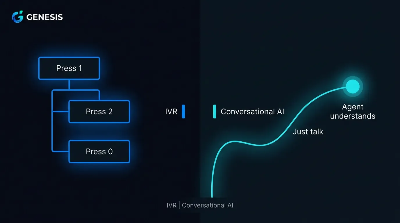 Diagram contrasting a rigid IVR phone menu tree against an open conversational AI flow that understands any sentence