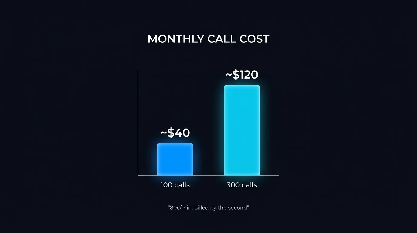 Monthly bill comparison bar chart showing 100 calls at about 40 dollars versus 300 calls at about 120 dollars