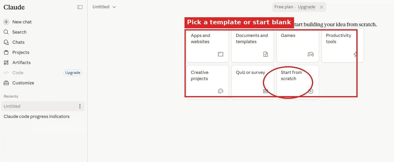 The Artifacts start screen inside Claude showing template categories and a Start from scratch option