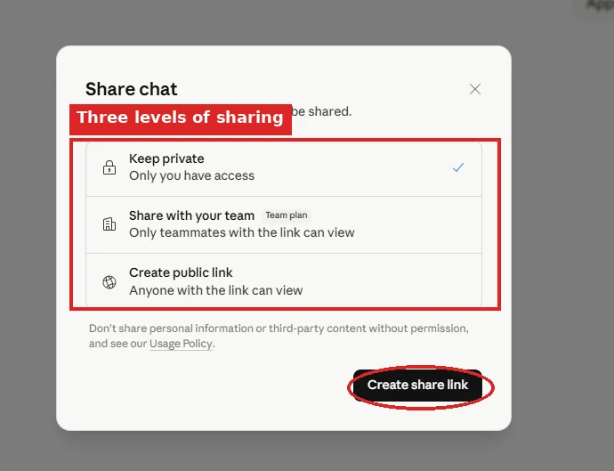 The Claude Share dialog with Keep private, Share with team, and Create public link options