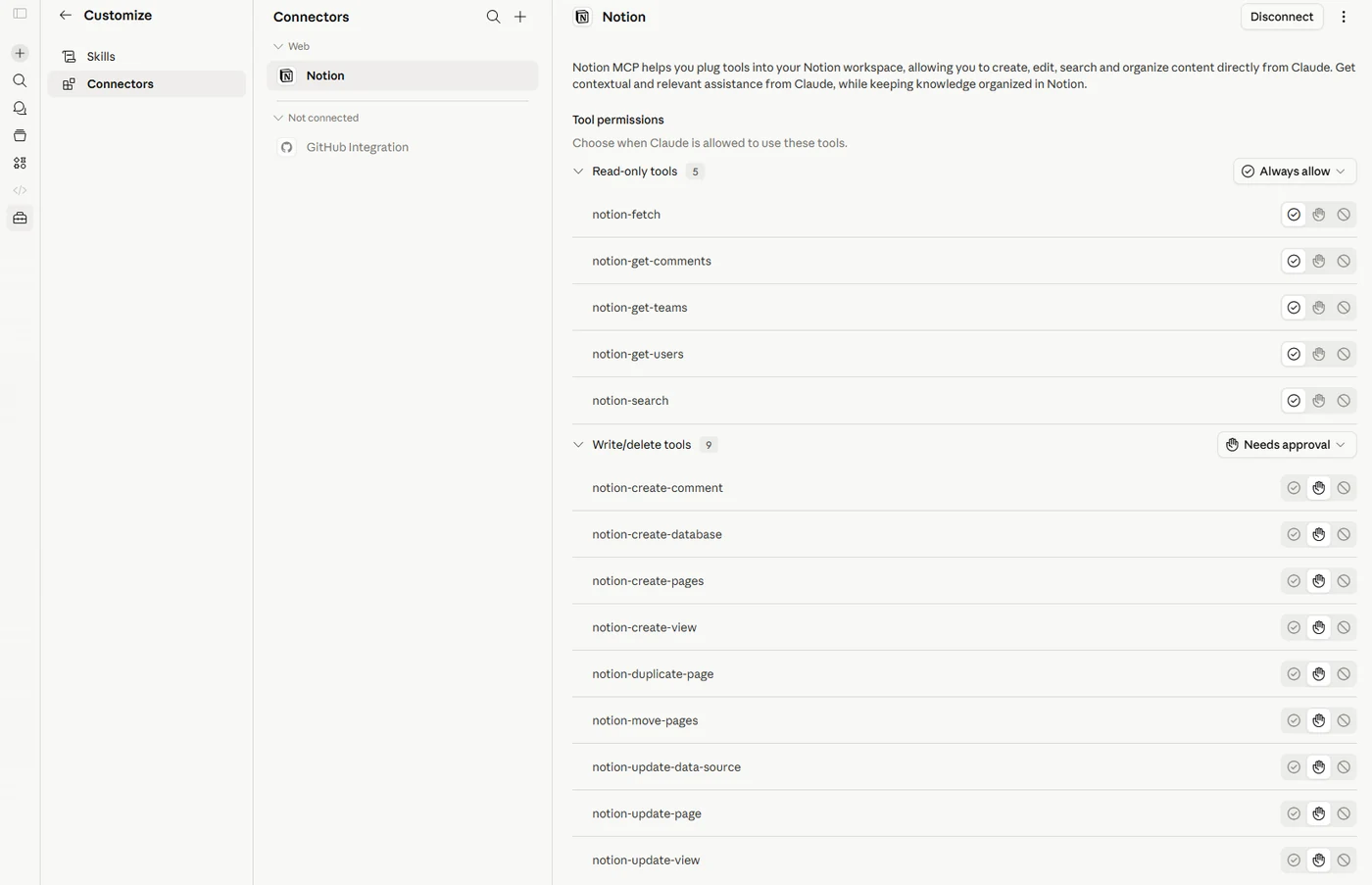Notion now connected inside Claude, with read-only tools auto-allowed and write tools set to require approval