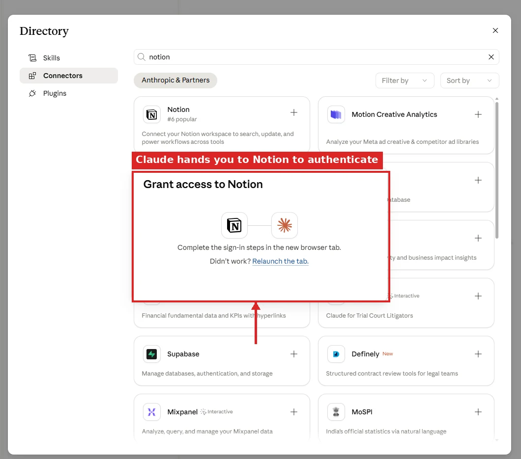 Claude pop-up directing you to complete sign-in in the new browser tab to grant access to Notion