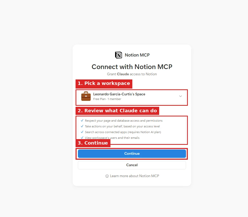 The Notion MCP connect screen showing the workspace selector, the four permissions Claude is asking for, and the Continue button