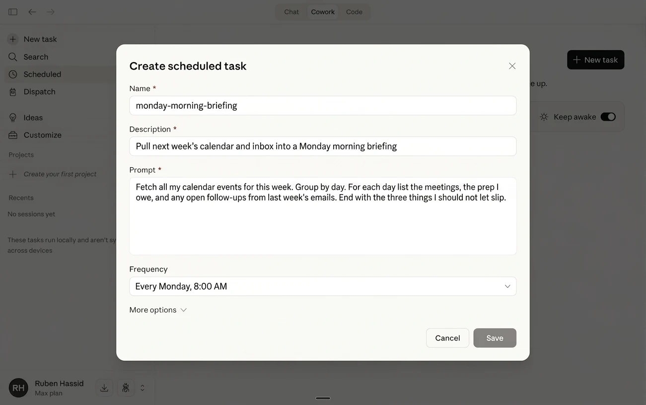 The Create scheduled task dialog in Claude Cowork with the monday-morning-briefing task and Every Monday 8am frequency