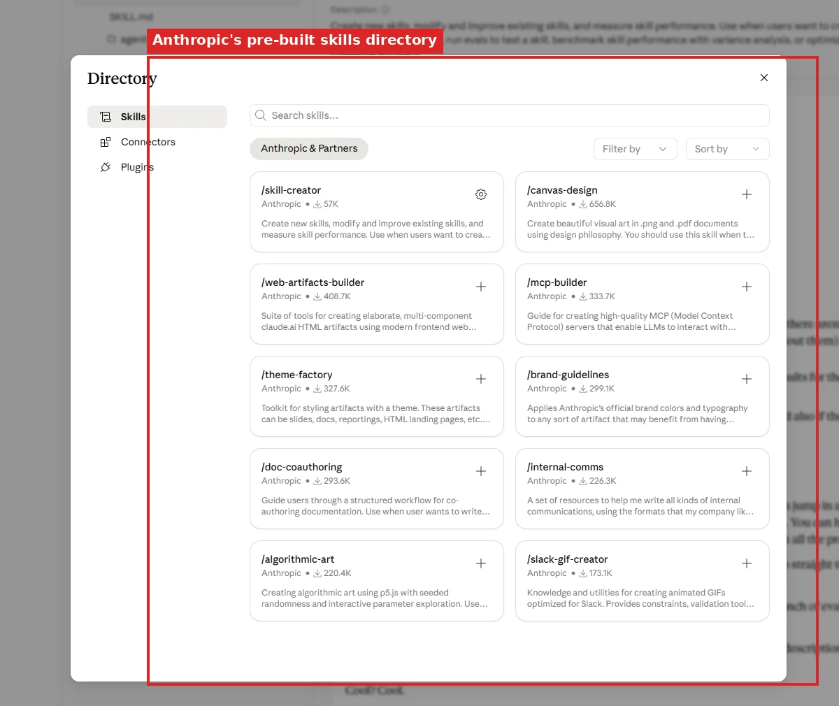 The Browse Skills directory grid inside Claude showing pre-built skills from Anthropic and partners with install counts