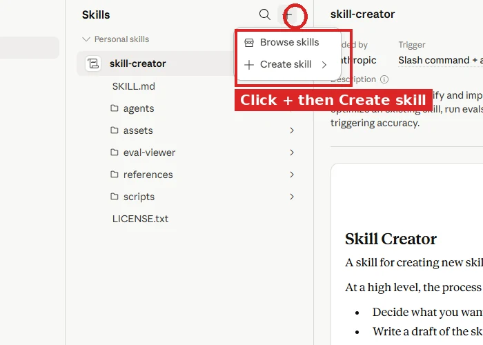 The Claude Desktop Skills panel with the plus button circled and the Browse skills / Create skill dropdown open