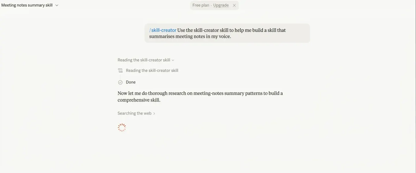 A Claude chat using /skill-creator to build a meeting-notes summary skill, with Claude reading the skill and starting research