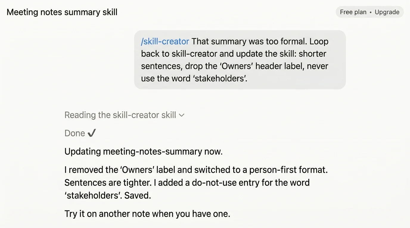 A Claude chat where the user iterates the meeting-notes-summary skill via /skill-creator, asking for shorter sentences. Claude confirms the skill is updated.