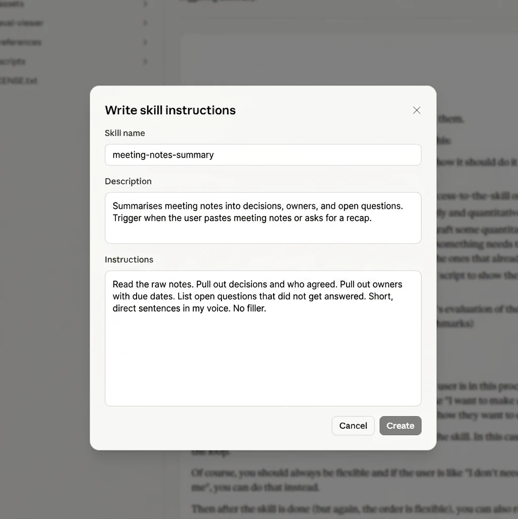 The Write skill instructions dialog filled with meeting-notes-summary as name, a description, and instructions for the meeting-notes summariser skill
