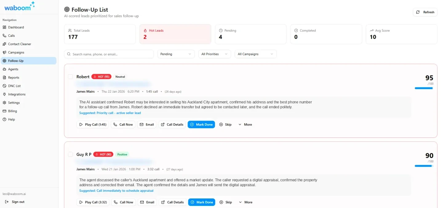Waboom Follow-Up List showing AI-scored hot leads with scores of 95 and 90