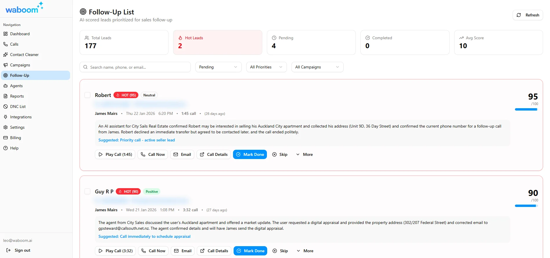 Waboom Follow-Up List showing AI-scored hot leads with scores of 95 and 90