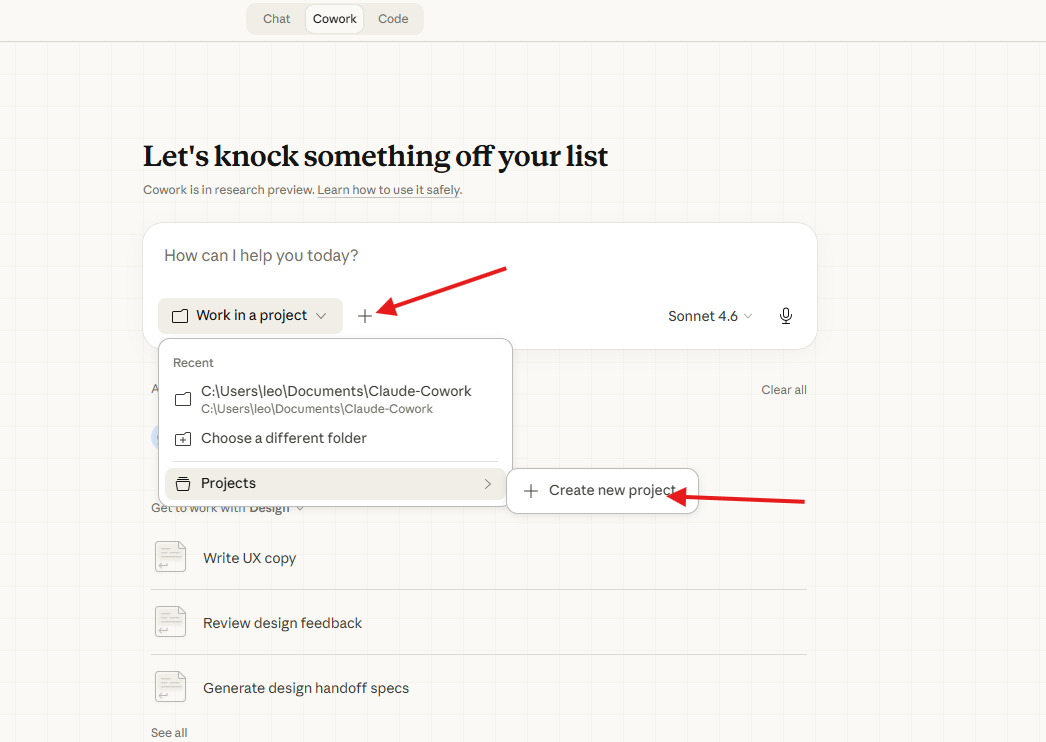 Click 'Work in a project' in Cowork and select your Claude-Cowork folder