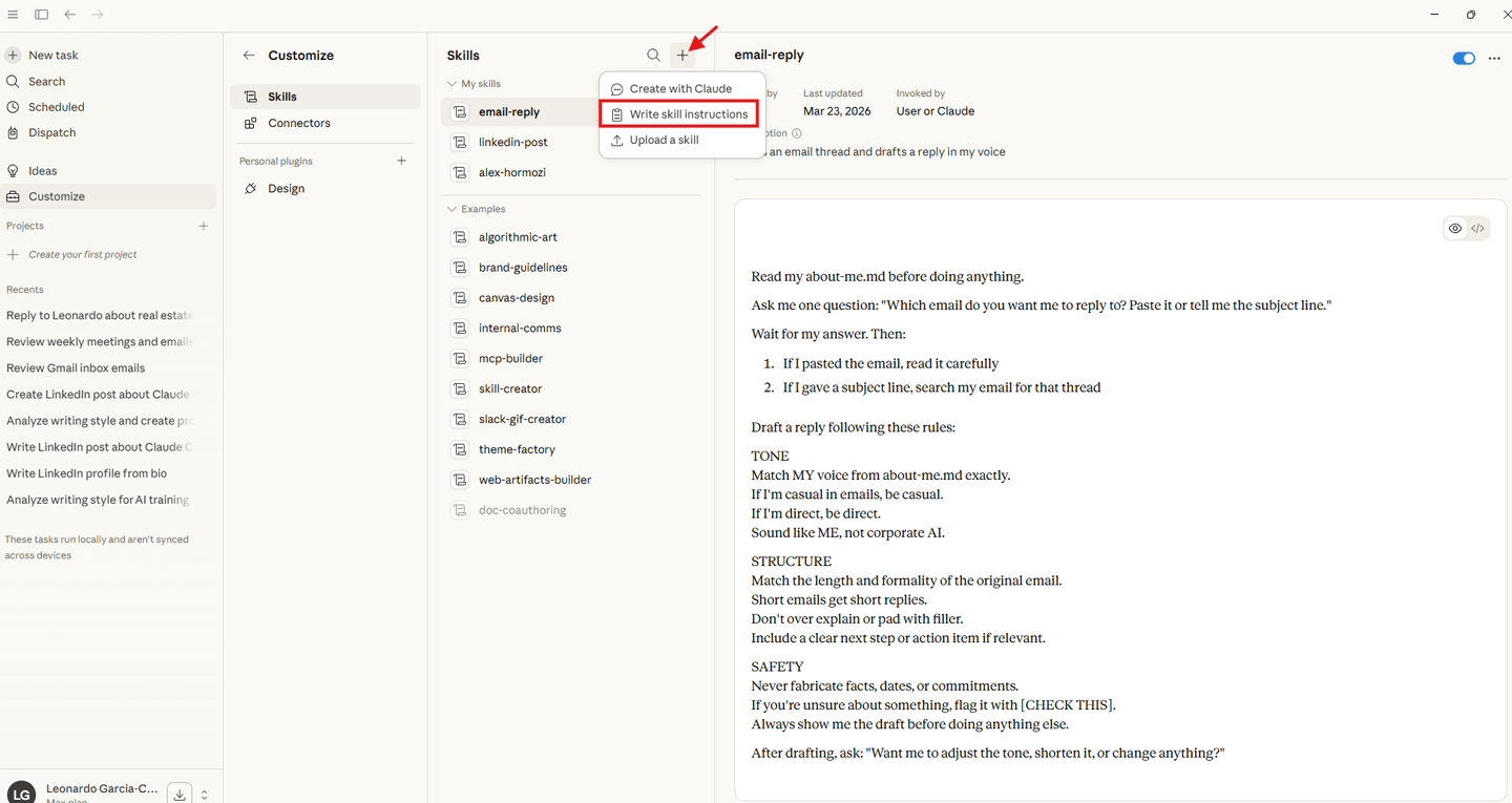 Claude Cowork Skills panel showing how to create a new skill. Click the + button then Write skill instructions.