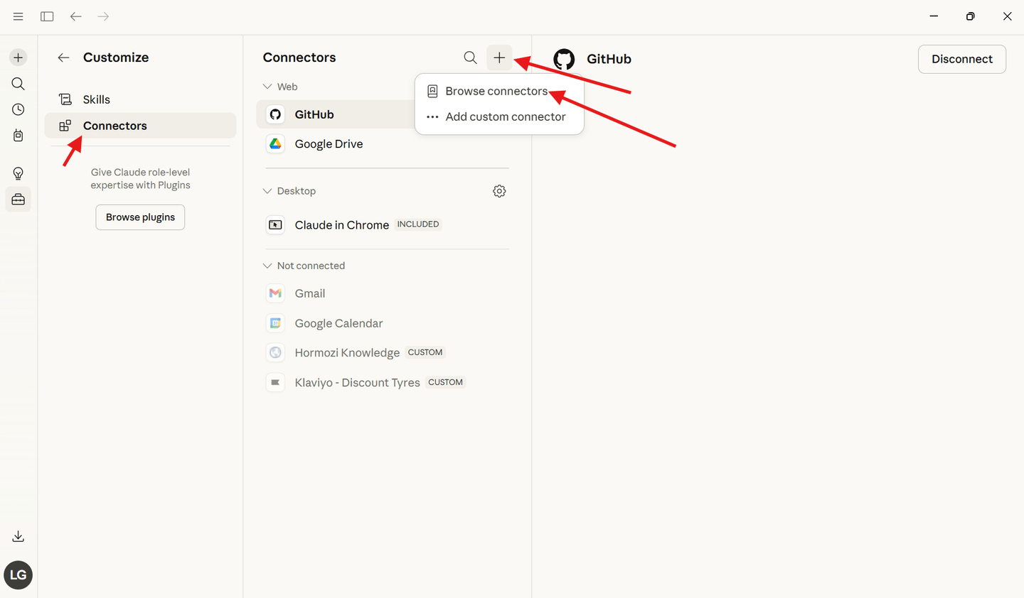 Customise sidebar showing Skills and Connectors. Click the + button then Browse connectors to find Gmail.