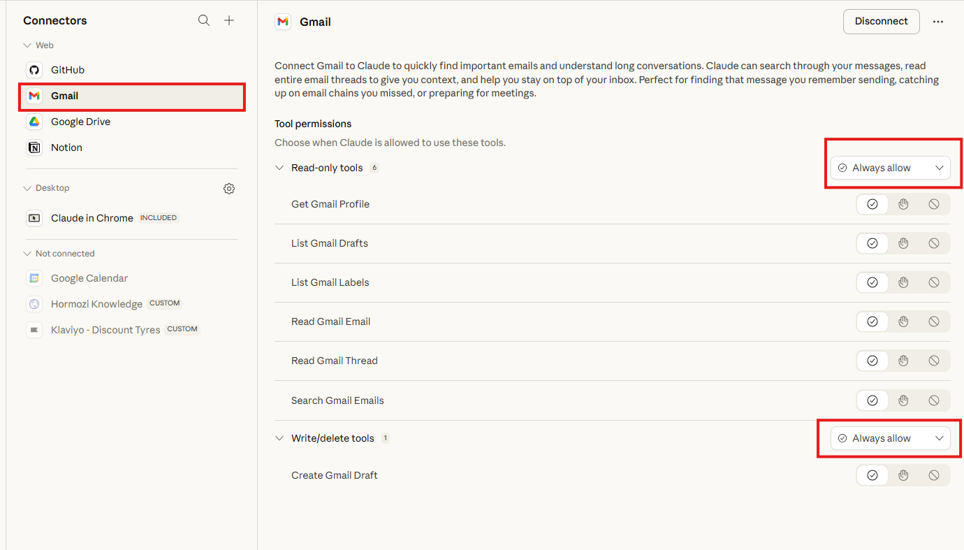 Gmail connector permissions showing Read-only tools and Write/delete tools both set to Always allow