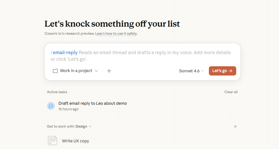 Claude Cowork showing the /email-reply skill loaded and ready to use