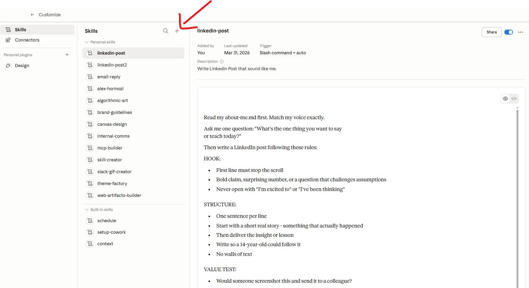 The Skills panel in Claude Desktop showing Personal skills, Built-in skills, and an active skill with its description and trigger