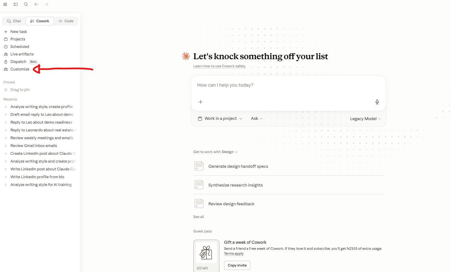 The Claude Desktop Customize panel showing the Skills section in the sidebar with the plus button to add a new skill