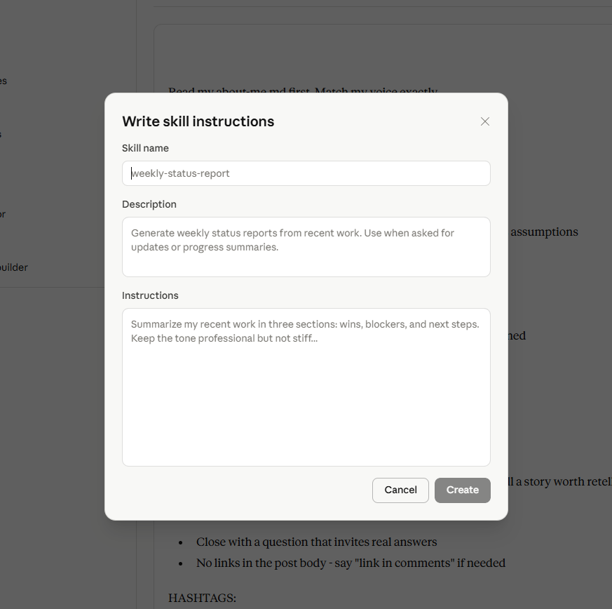 The Write skill instructions dialog with three fields