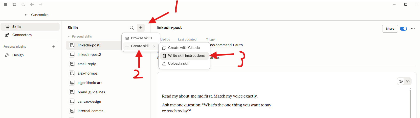 The Create skill flow in Claude Desktop, showing the path: plus button to Create skill to Write skill instructions