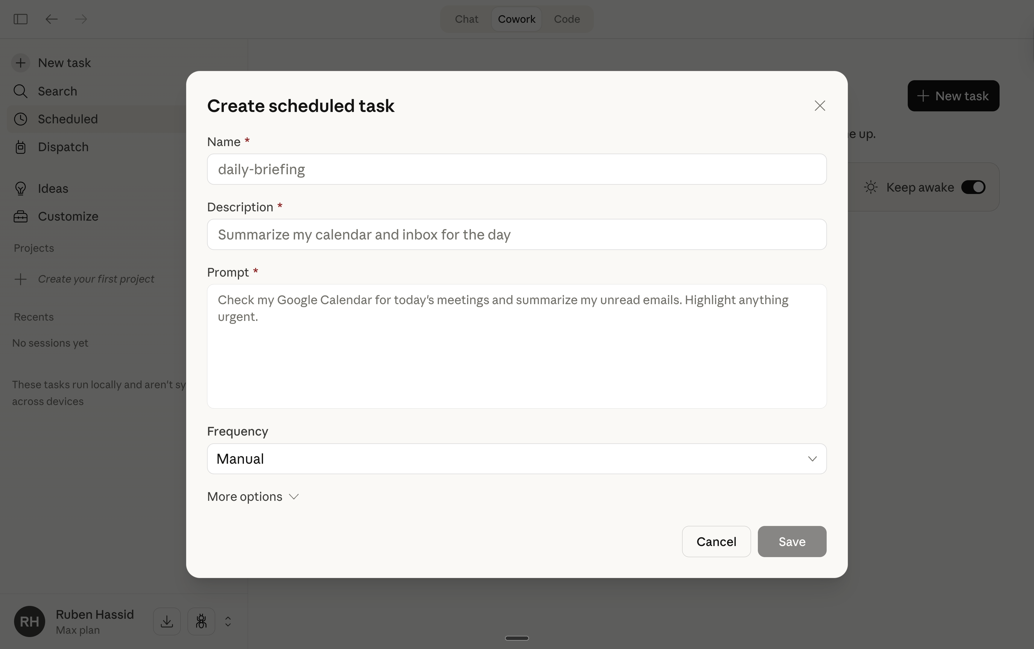 The Create scheduled task dialog in Claude Cowork showing name, description, prompt, and frequency fields