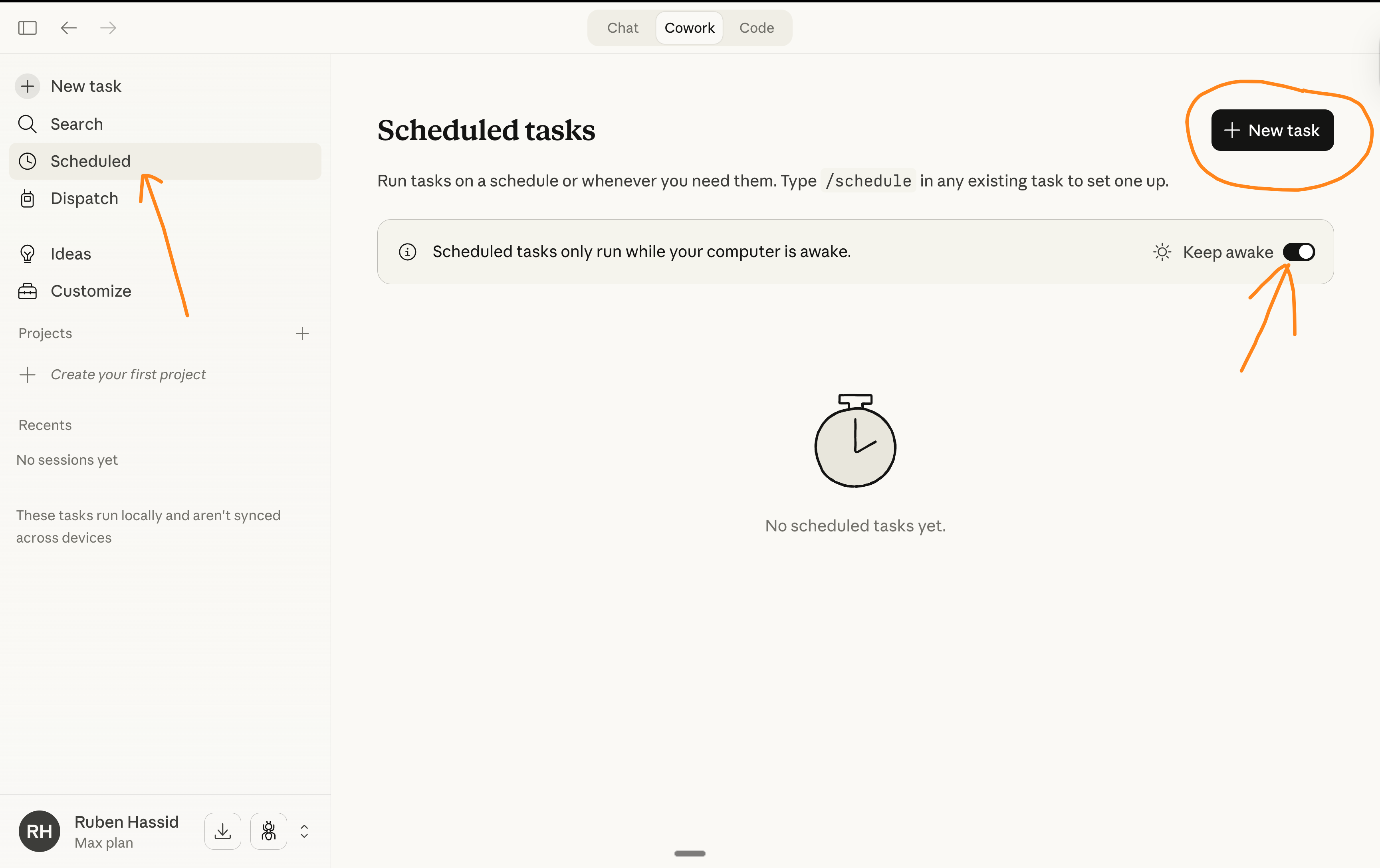 The Claude Cowork Scheduled tasks panel where you create and review recurring tasks