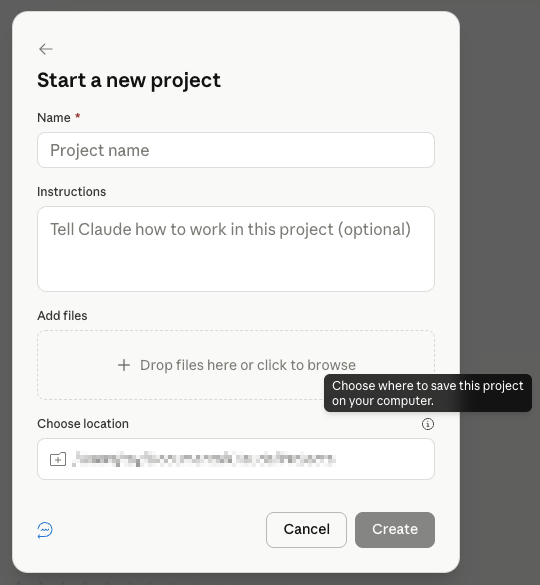 The Start a new project dialog in Claude Cowork showing the Name, Instructions, Add files, and Choose location fields
