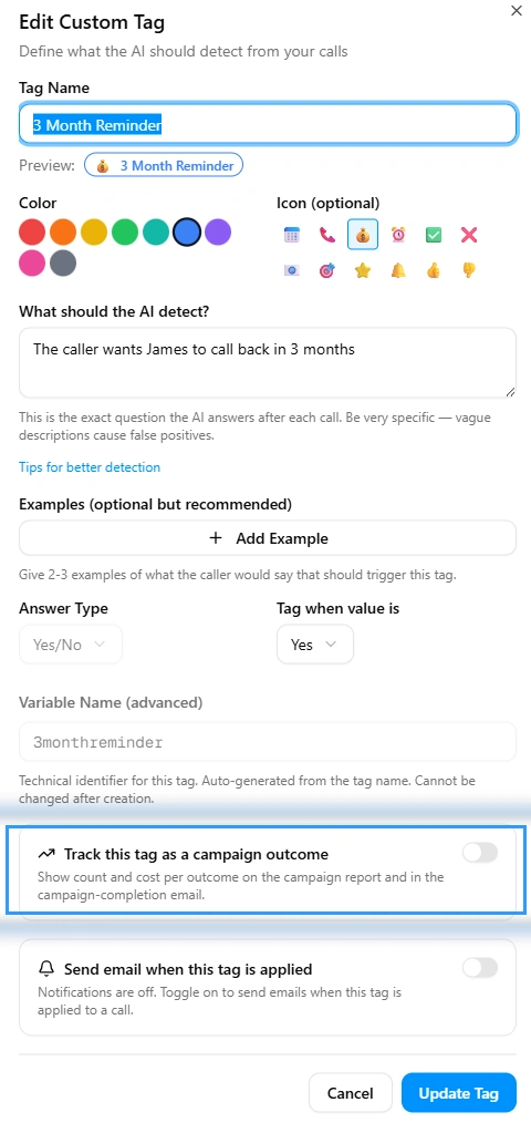 Edit Custom Tag dialog with the Track this tag as a campaign outcome toggle highlighted in blue at the bottom