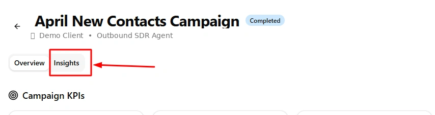 Campaign overview header with the new Insights tab next to the Overview tab, marked with a red callout arrow