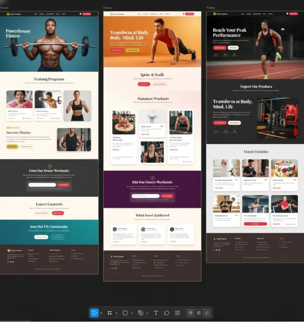 Three fitness landing pages generated by the Waboom skill showing Powerhouse Fitness, Transform Body Mind Life, and Reach Your Peak Performance