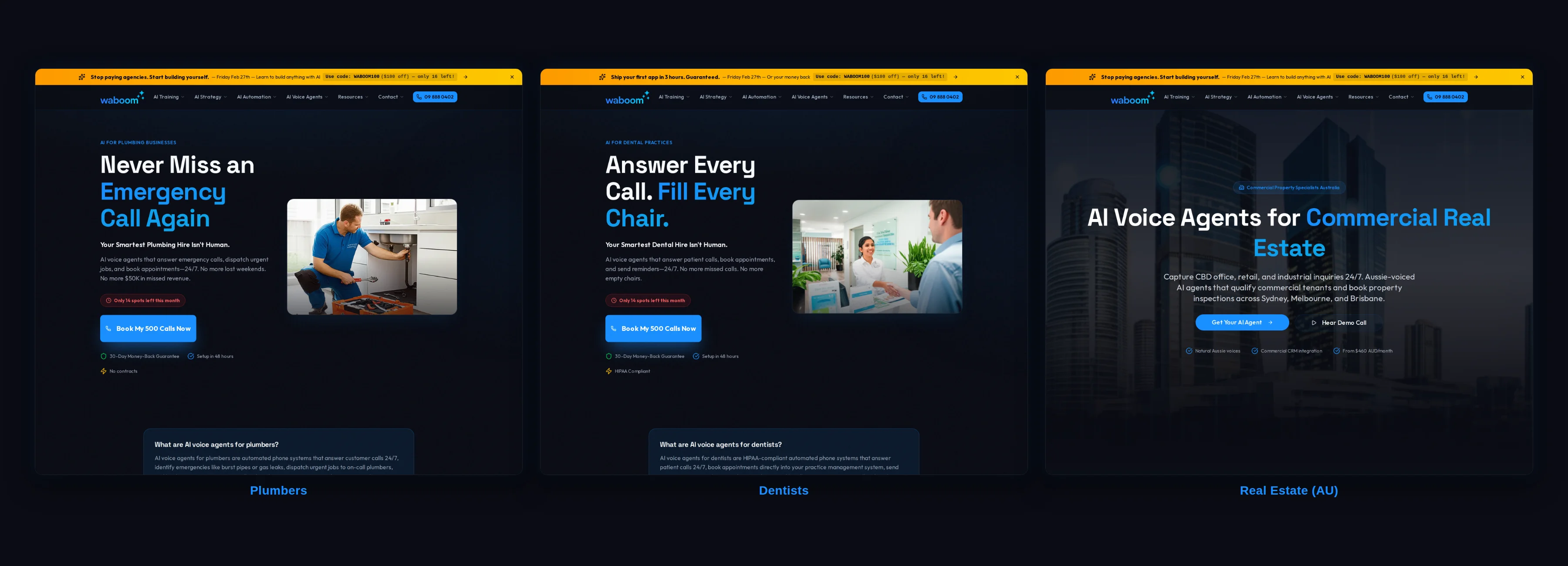 Three landing pages generated by the Waboom Landing Page skill - Plumbers, Dentists, and Real Estate AU